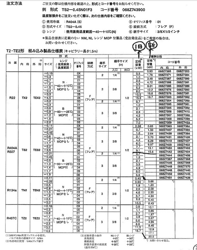 ダンフォス膨張弁T2/TES2の表示変更/冷凍トン（定格容量の条件変更